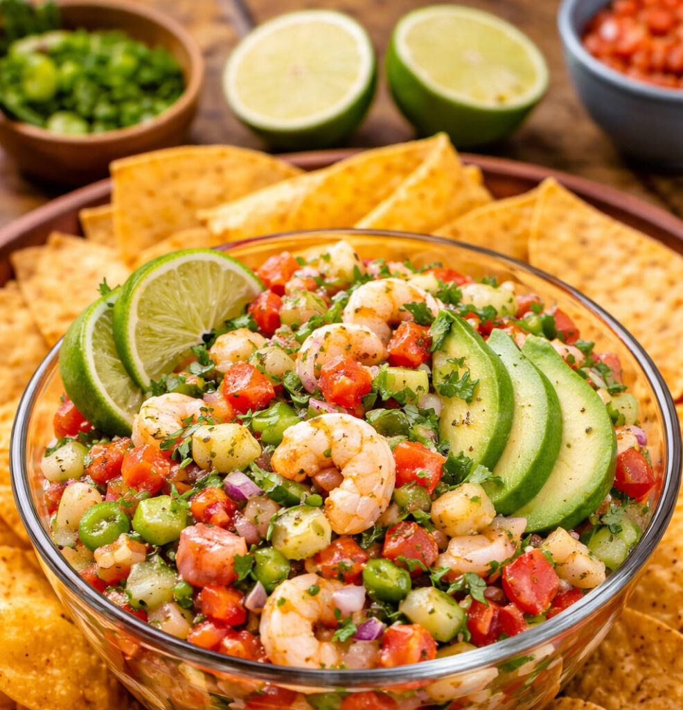 Ceviche de camarón con chips low