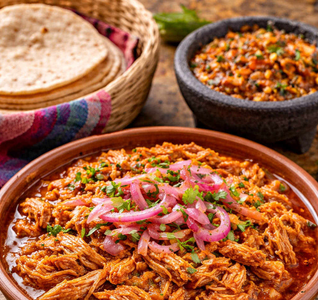 Cochinita pibil con salsas y tortillas low